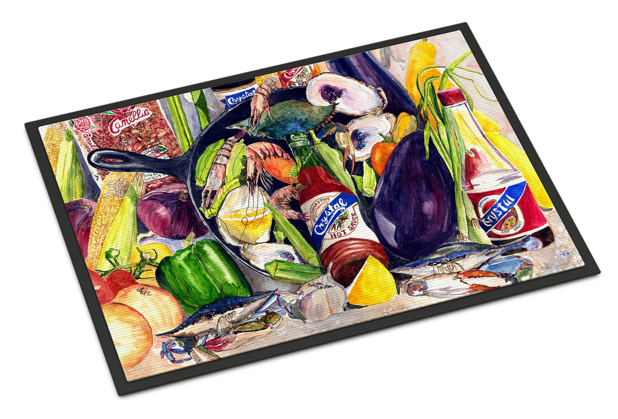 Crystal Hot Sauce with Camellia Beans and Black Skillet Doormat - 24x36 Decorative Floor Mat – Indoor/Outdoor Rug